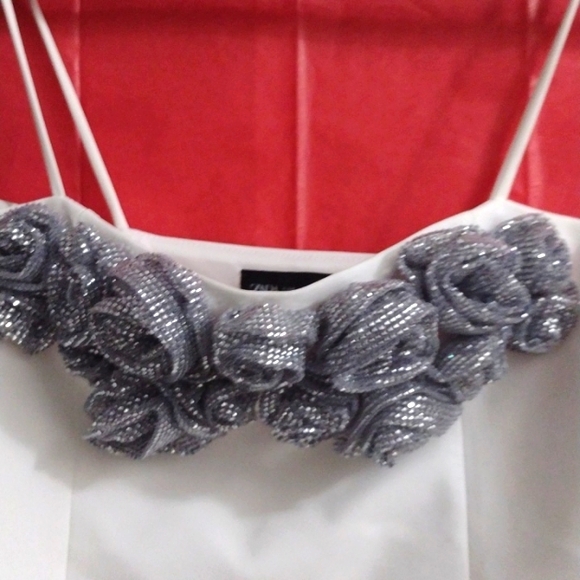 ZARA Silver Stud Rosette Organdy Spaghetti Strap Evening Cami NWT - Picture 2 of 7